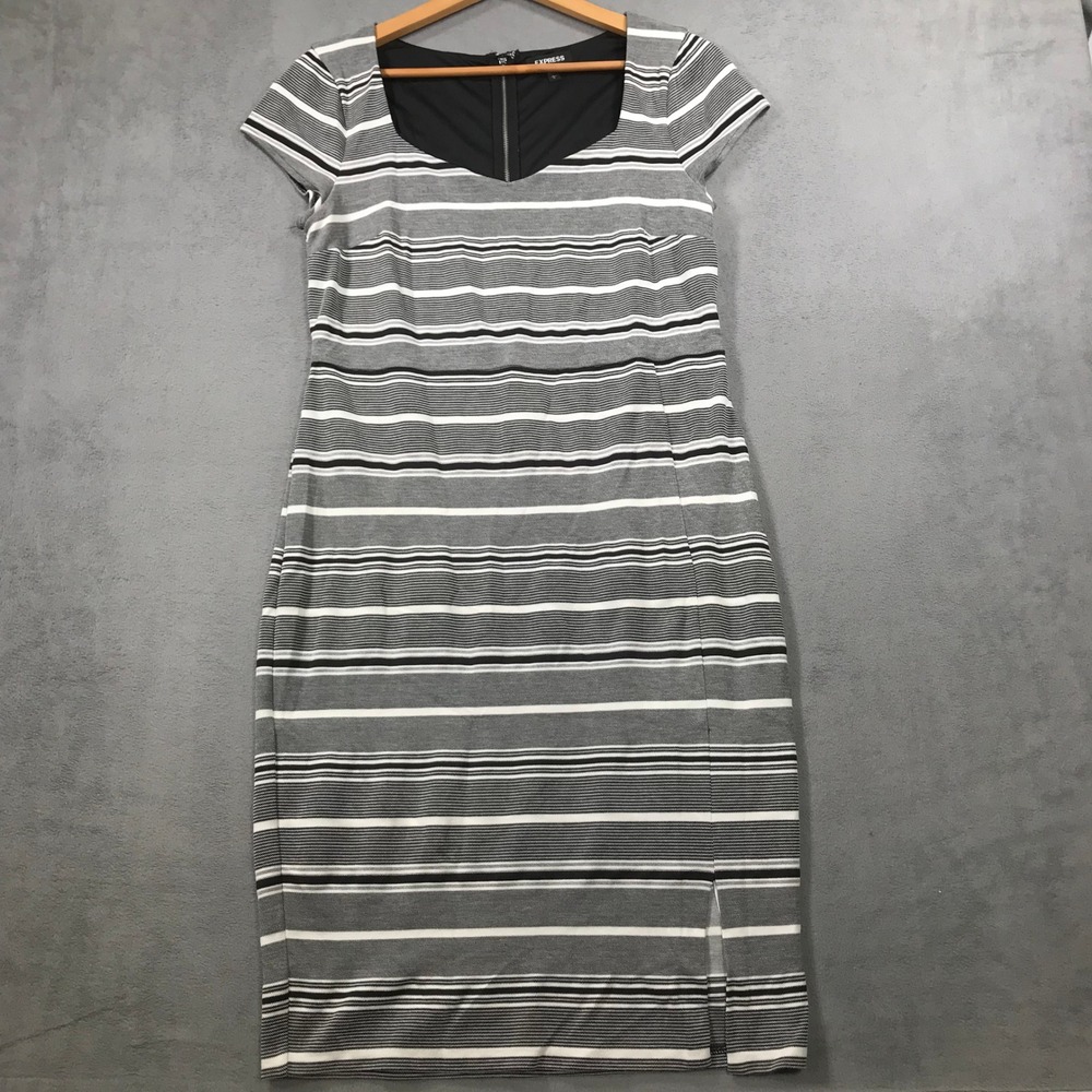 Express Sheath Dress Womens L Grey Excellent Striped Cap Sleeve Striped